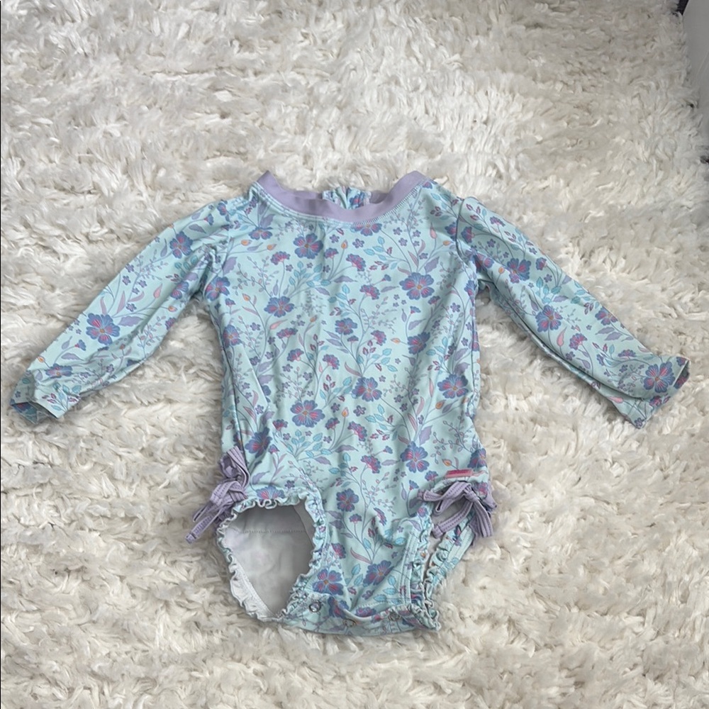 RuffleButts Baby Girls UPF 50+ Floral Printed Long Sleeve One Piece Rash Guard